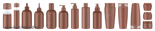 Brown hair treatment bottles with pump, dispenser. Korean packaging. Shampoo, balm, mask. Hair spray, container, mockup of aerosol. Squeeze bottles. Dropper, squeeze bottles	