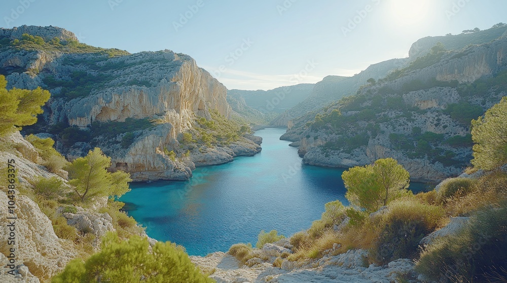 Fototapeta premium A scenic view of a turquoise lagoon surrounded by rocky cliffs and green trees.
