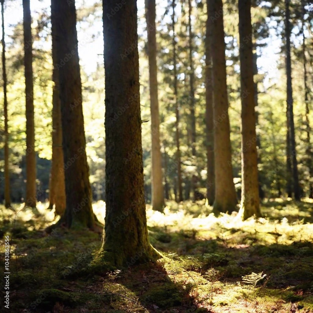 A full shot of a peaceful forest at eye level, with tall trees and sunlight streaming through the branches. with frog A full shot of a peaceful forest at eye level, with tall trees and sunlight streaming through the branches. with frog