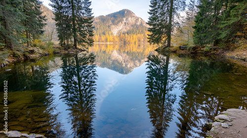 Reflection of pine trees in Lake Eibsee in winter