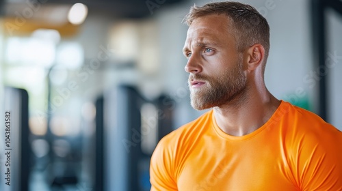 A young man, dressed in orange sportswear, gazes intently with a serious expression at a modern gym, exemplifying focus and athletic dedication in his environment.