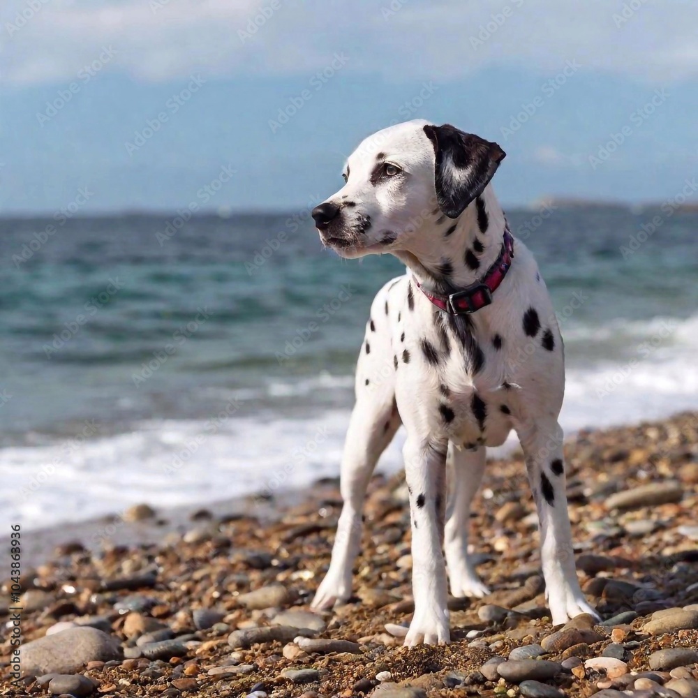 A Dalmatian puppy standing on a rocky beach, its head tilted curiously, with soft focus blending the sea waves and cloudy sky into a gentle, muted background