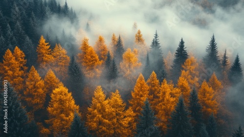 Aerial View of a Misty Autumn Forest with Vibrant Orange Trees Surrounded by Evergreen Foliage