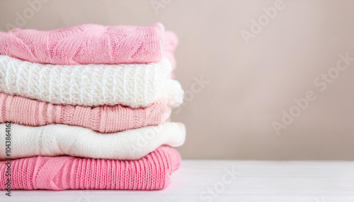 Stack of folded warm clothes. Knitted sweaters. Winter season. Pink tones. Close-up.