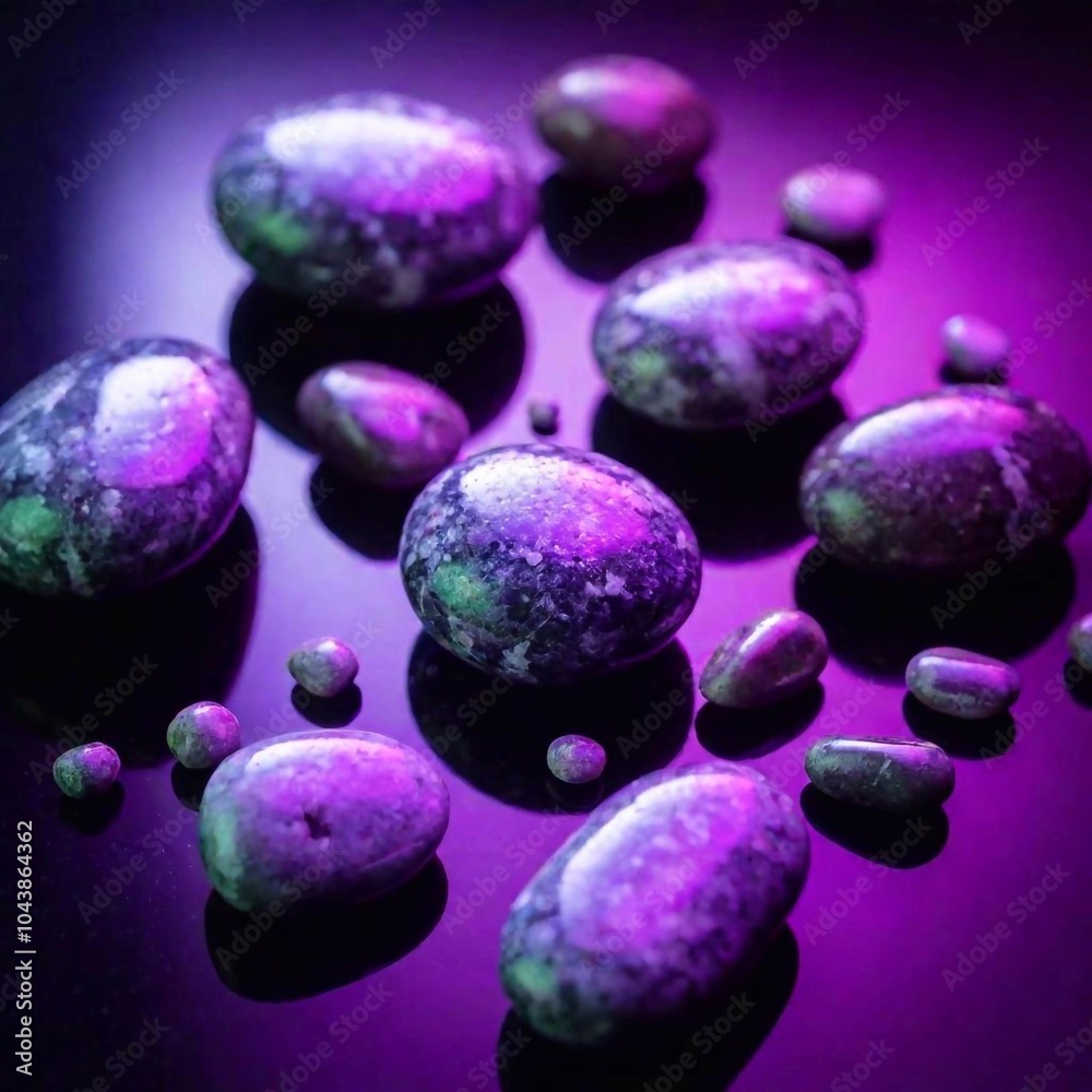 Urban Stone Garden: A flatlay of smooth, polished stones arranged in a geometric pattern on a reflective surface, surrounded by vibrant cyberpunk neon lighting and soft focus to create an Urban Stone Garden: A flatlay of smooth, polished stones arranged in a geometric pattern on a reflective surface, surrounded by vibrant cyberpunk neon lighting and soft focus to create an