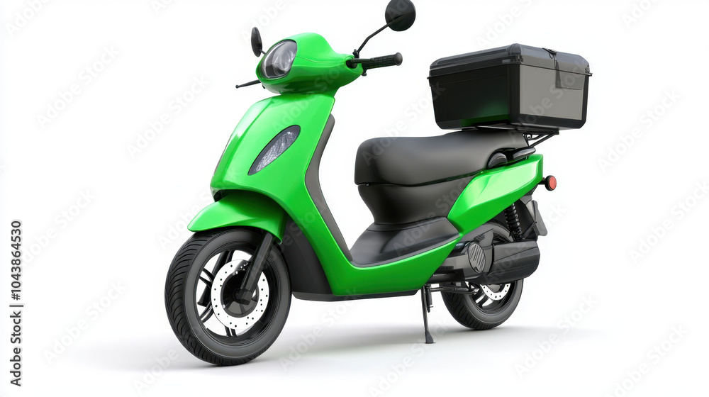 Obraz premium green and black delivery scooter with storage box, ideal for urban transport and food delivery. Its sleek design and compact size make it perfect for navigating city streets