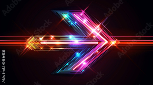 Glowing pink purple arrow sign on dark background - horizontal poster. Futuristic technology dynamic shining arrow symbol concept banner. Digital painting. AI artwork.  photo