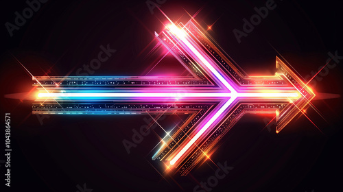 Glowing pink purple arrow sign on dark background - horizontal poster. Futuristic technology dynamic shining arrow symbol concept banner. Digital painting. AI artwork.  photo