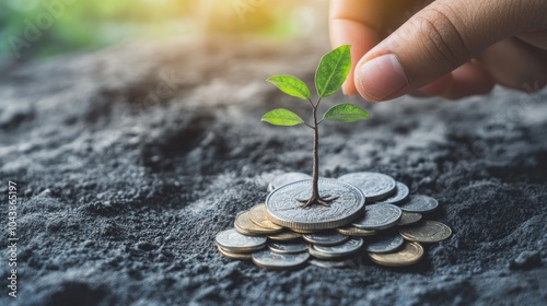 Money growth idea with a pile of coins with a small tree growing on a coin and a hand holding a coin photo