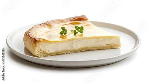 Delicious slice of creamy cheesecake with fresh thyme garnish on white plate photo