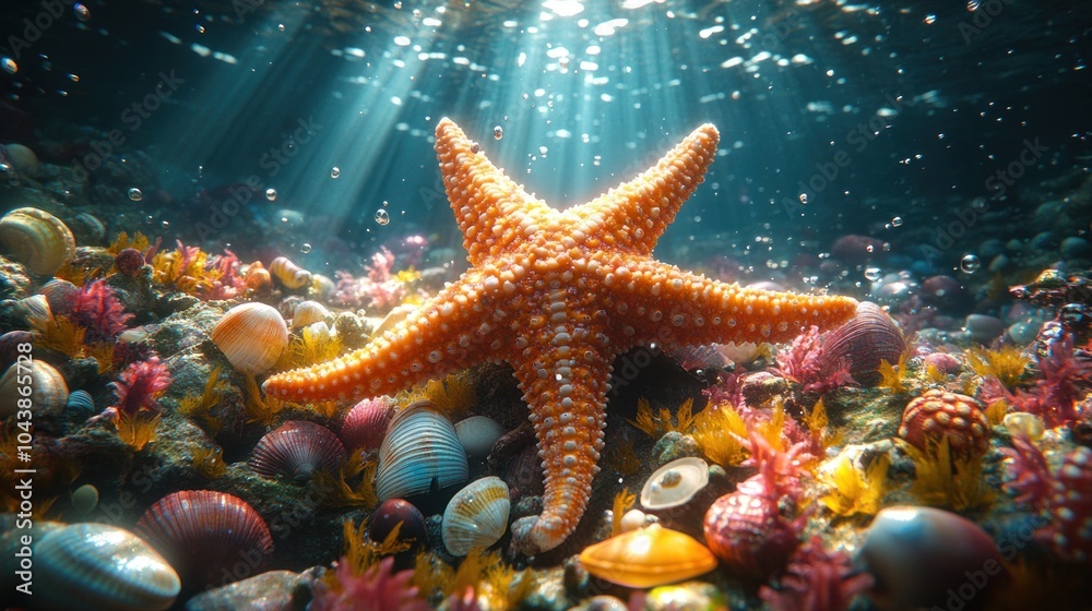 Underwater scene featuring a vibrant starfish. Underwater scene featuring a vibrant starfish.