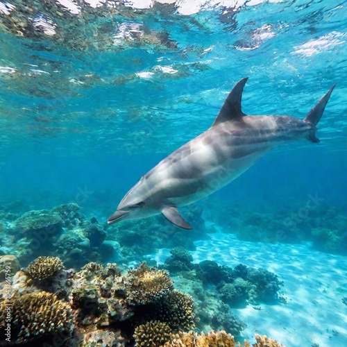 A medium shot, ultra-realistic photo of a dolphin swimming near a coral reef, with deep focus on the vivid colors and textures of the coral and the sharp contours of the dolphin as it explores its