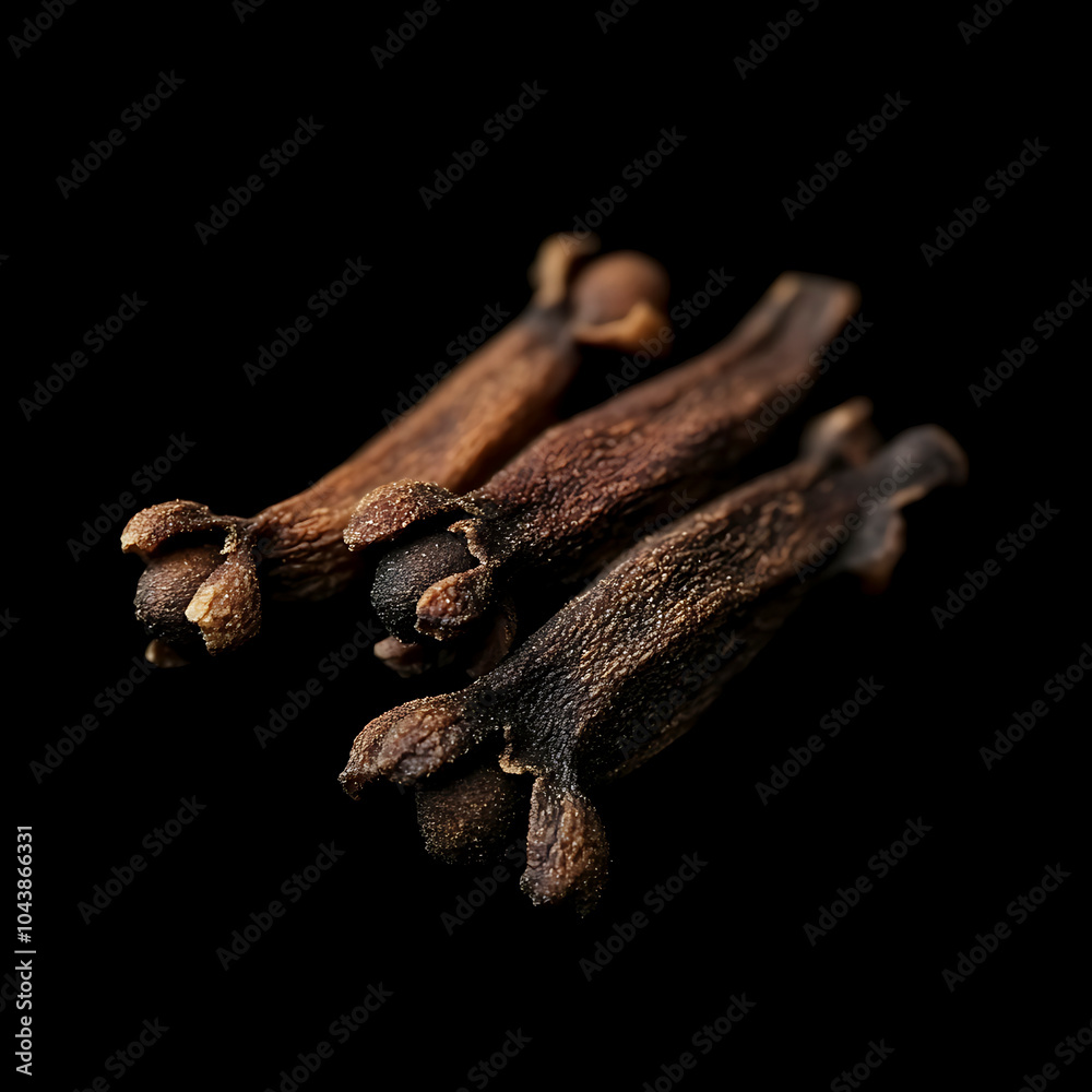 Fototapeta premium Whole Clove Spice Against Deep Black Background Sharp Aromatic Detail