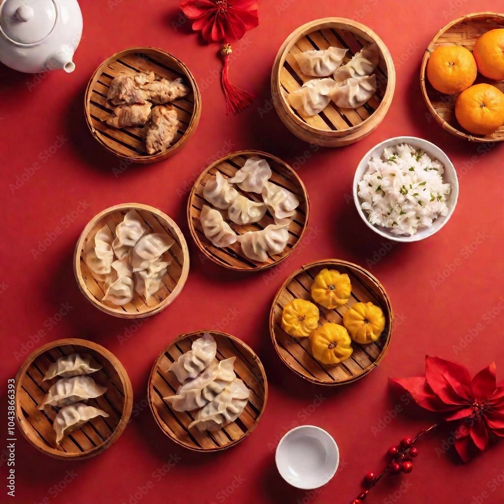 Chinese New Year Feast: A festive flatlay capturing a traditional Chinese New Year spread, featuring dumplings, fish, rice, and symbolic dishes, elegantly arranged with red decorations and oranges Chinese New Year Feast: A festive flatlay capturing a traditional Chinese New Year spread, featuring dumplings, fish, rice, and symbolic dishes, elegantly arranged with red decorations and oranges