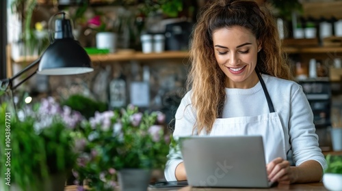 A woman, wearing an apron, is working on her laptop in a cozy cafe filled with plants, embodying modern work culture and a serene atmosphere.