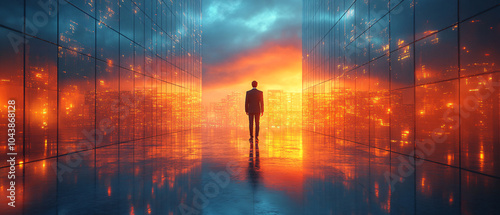 Silhouette of Man Walking Towards Cityscape in Glass Corridor