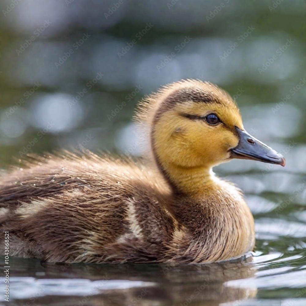 A close-up shot of a duckling with water droplets on its downy feathers, with deep focus capturing the clarity of the droplets, the softness of the feathers, and its curious expression