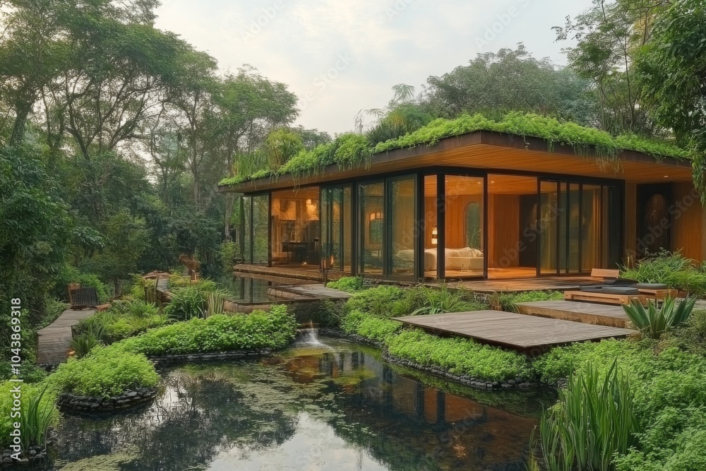 Modern Tropical Villa With Green Roof And Pond