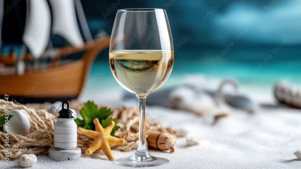 A serene beach-themed setup with a glass of white wine beside nautical elements, such as a ship model, starfish, and shells, against a blurred seascape backdrop. A serene beach-themed setup with a glass of white wine beside nautical elements, such as a ship model, starfish, and shells, against a blurred seascape backdrop.