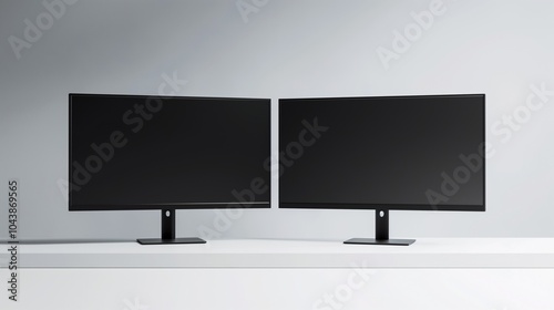 Two monitors mockups on white table. Double screen computer for effective work template advertising image. Office digital technology with mock up screens product photorealistic