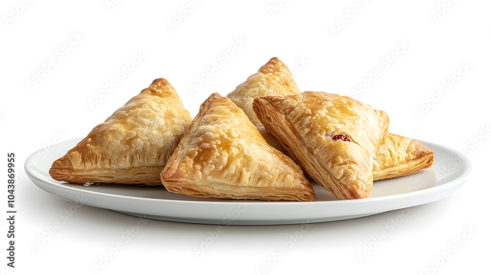 Delicious golden puff pastries on white plate with flaky texture Delicious golden puff pastries on white plate with flaky texture