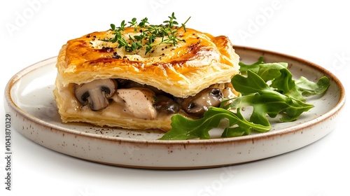 Delicious puff pastry with mushrooms and chicken garnished with fresh greens