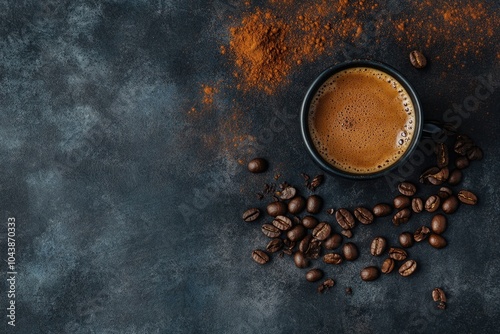 Dark Espresso Break. Freshly Brewed Italian Morning Coffee Concept with Brown Roasted Beans and Aromatic Grounds on Black Background