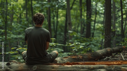 In a peaceful forest setting a person sits on a fallen tree gazing out at the distant trees. back faces the camera conveying . . photo