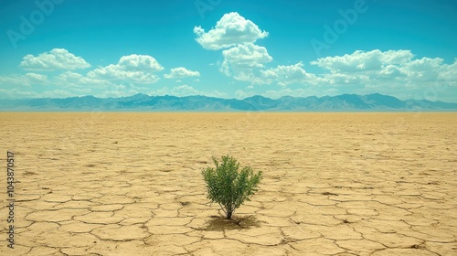 A single, resilient bush grows in a cracked desert landscape, a symbol of life persisting amidst aridity. photo