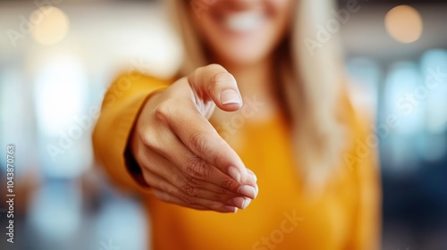 A smiling person extends their hand, offering a handshake in an inviting and friendly manner, emphasizing openness and welcoming attitude against a soft background.