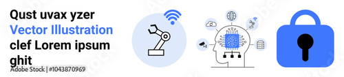 Three symbols - robotic arm, brain with microchip, and lock. Ideal for automation, artificial intelligence, machine learning, cybersecurity, and technology. Banner for landing page