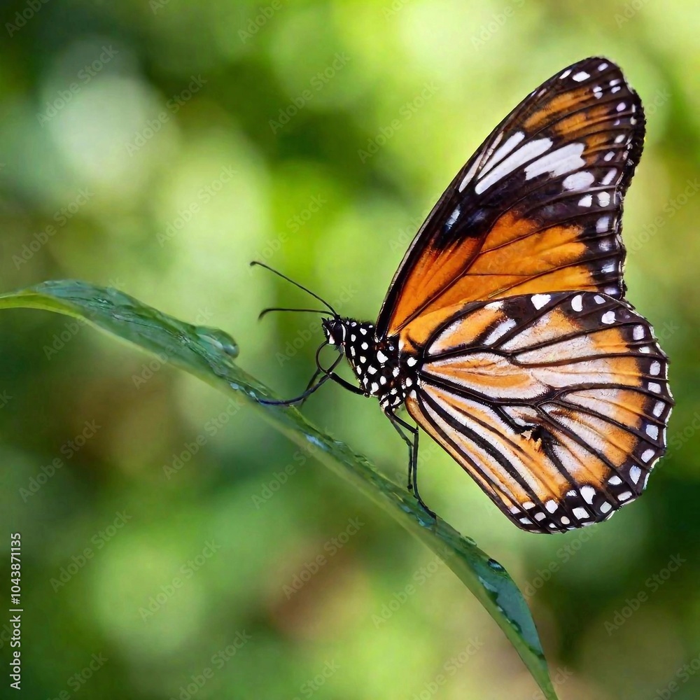 Fototapeta premium A close-up photo of a butterfly with dew drops on its wings in the early morning light, deep focus emphasizing the tiny water droplets and the texture of its wing scales, eye-level shot creating an