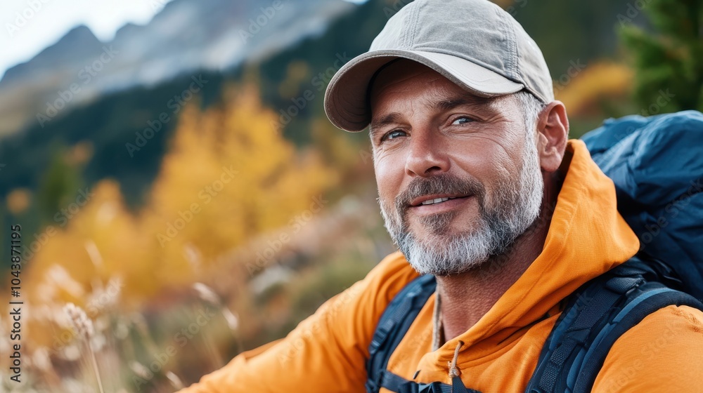 A cheerful adventurer with a gray cap and orange hoodie smiles contently while taking a break amidst the vivid hues of a forest in the autumn season, exuding warmth and pleasure. A cheerful adventurer with a gray cap and orange hoodie smiles contently while taking a break amidst the vivid hues of a forest in the autumn season, exuding warmth and pleasure.