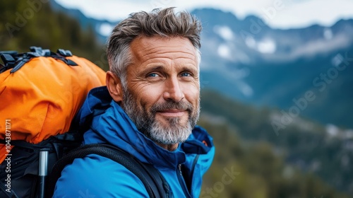 A mature man with a gray beard wearing a blue jacket and carrying a bright orange backpack, stands and admires a beautiful mountain landscape under a cloudy sky.