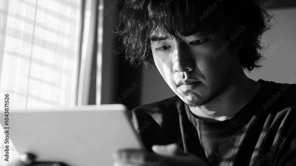 Man Reviewing Project on Tablet in Black and White Man Reviewing Project on Tablet in Black and White