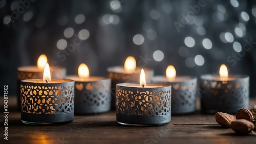 Aesthetic preparation of decorative gray candles on a rustic Valentines themed background. bokeh style.