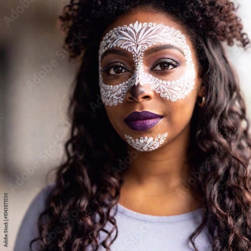 close-up, shallow focus shot of a young black woman with brunette hair, her face adorned with traditional sugar skull paint, captured at eye level in a photo-realistic style