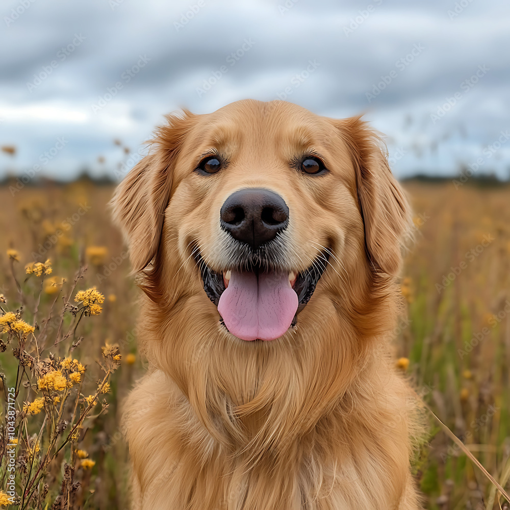 A happy golden retriever in field, looking towards camera with joyful expression. dog is surrounded by wildflowers, creating serene and cheerful atmosphere A happy golden retriever in field, looking towards camera with joyful expression. dog is surrounded by wildflowers, creating serene and cheerful atmosphere