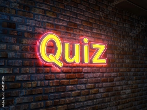 Quiz neon sign illuminating brick wall, game show text glowing brightly, competition themed trivia contest advertisement, light up display for night