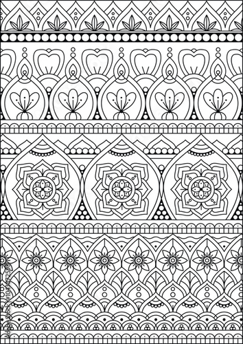 Coloring book page. Colorless pattern with abstract elements. Mandala and floral elements.