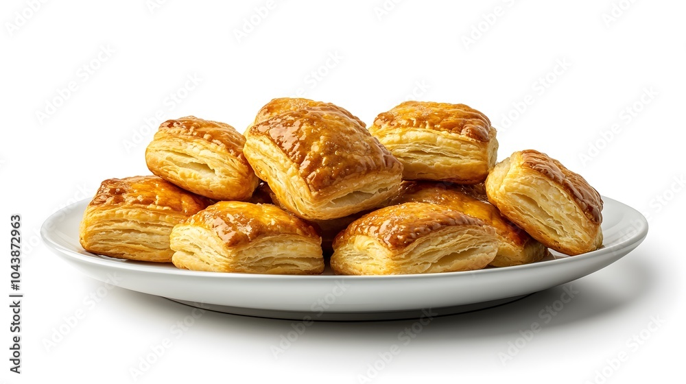 Freshly baked puff pastry squares stacked on a white plate with golden flaky layers Freshly baked puff pastry squares stacked on a white plate with golden flaky layers