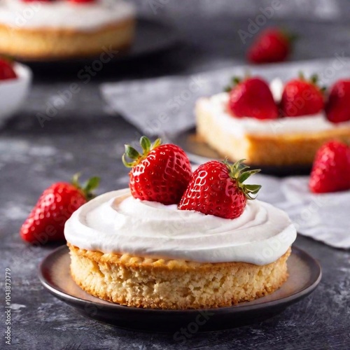 A close-up from above of a layered strawberry shortcake with fresh berries and whipped cream, with the cake in sharp focus and the background softly blurred, highlighting the dessert's freshness and