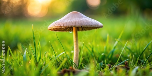 Raincoat mushroom growing in grass lawn tilted angle photo