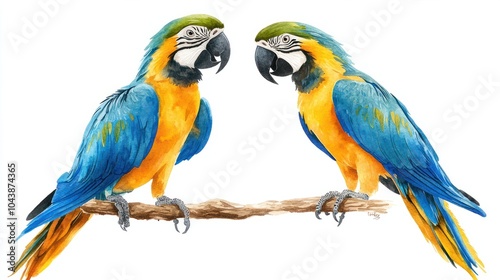 Two parrots birds on an isolated white background, watercolor illustration, hand drawing