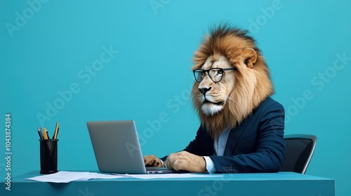 Lion in Suit Working at a Modern Desk photo