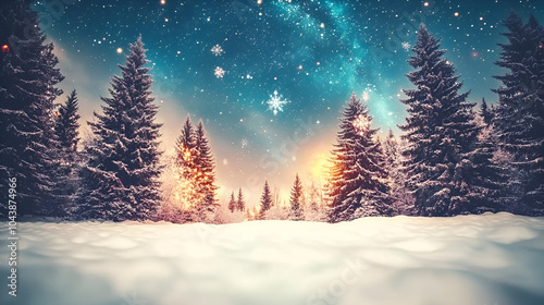 landscape white snow pine forest merry christmas of winter wonderland galaxy beautiful stars light glow ai generate