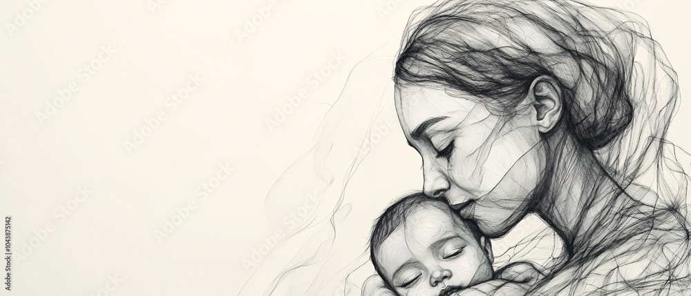 Fototapeta premium Mother and Child Tenderly Embracing in a Pen and Ink Drawing