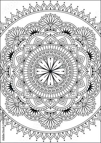 Coloring book page. Colorless pattern with abstract elements. Mandala and floral elements.