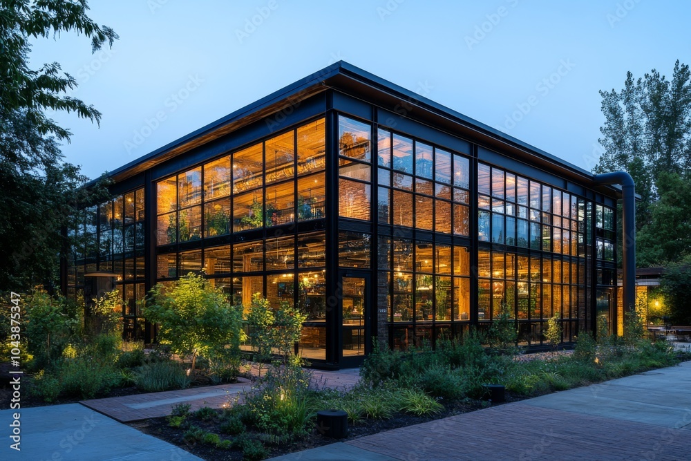 Modern Glass Building with Brick Interior and Patio at Dusk Modern Glass Building with Brick Interior and Patio at Dusk