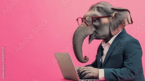 Elephant in Business Attire Working on Laptop